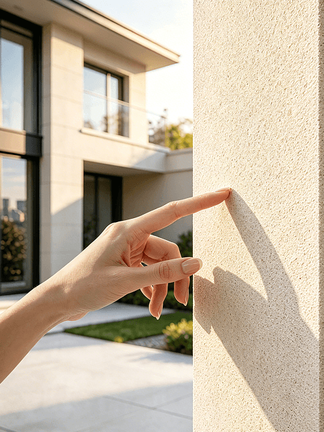 Hand touching a granite spray coated wall beside a modern home